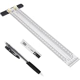 Smgda Precision Marking T-Rule Stainless Steel T Square with Mechanical Pencil &amp; 0.5mm Refill Scribing Line Ruler for Marking or Measuring, for Carpenters, Designers, Architects, Engineers 300mm