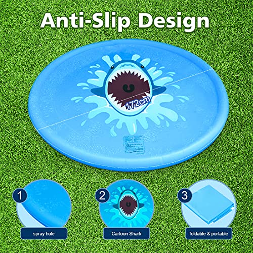 MECHICOO Sprinkler Splash Play Mat for Kids Toddlers, 68’’ Summer Outside Wading Pool,Shark Inflatable Water Toys for 2 3 4 5 6 7 8 Years Old Children Boys Girls