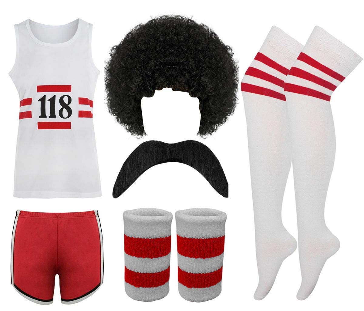 FAIRY BOUTIQUE 118 Fancy Dress Costume Vest + Shorts + Wig + Tash + Socks + Wrist Band Set Marathon Retro Outfit Set