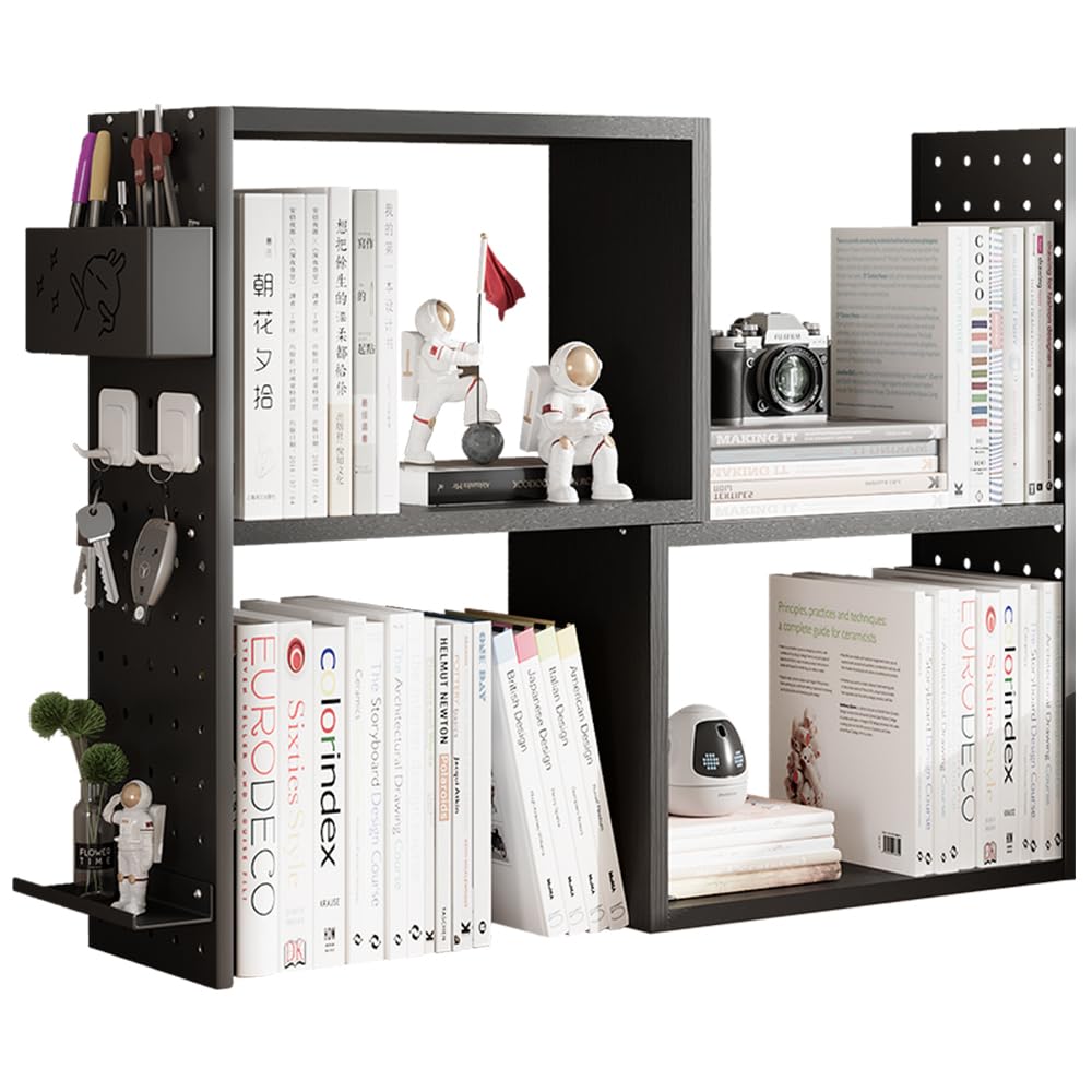 NUODWELL Wooden Adjustable Bookshelf Desktop Bookcase with Pegboard, Expandable Desk Display Shelf Rack Storage Office Supplies Books Cosmetic Makeup for Office & Home（TS10 Black）
