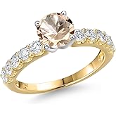 Gem Stone King 14K 2 Tone Gold Peach Morganite and Lab Grown Diamond Engagement Ring For Women | 1.25 Cttw | Round 6MM | Gemstone October Birthstone