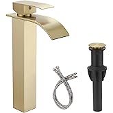 RUITHOE Brushed Gold Bathroom Vessel Sink Faucet, Waterfall Bathroom Faucet, Vessel Faucet, Tall Body High 1 Hole Single Handle with Pop Up Drain Combo Vanity Mixer Tap Commercial Basin Bowl Sink