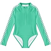 Girls One-Piece Swimsuits Plaid Long Sleeve Beachwear Zip Rash Guard Swimwears