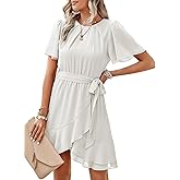 Dokotoo Womens Summer Dresses 2025 Crewneck Short Sleeve Waist Tie Ruffle Casual Chiffon A-Line Swing Mini Dress