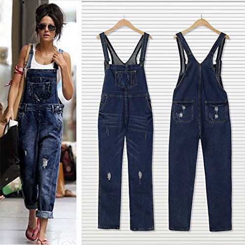 ZEFOTIM Women Loose Denim Jeans Pants Hole Overalls Straps Jumpsuit Rompers Trousers (M,Blue )