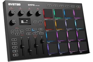 HXW EMP16 MIDI Pad Controller Beat Maker Machine With Bluetooth, 16 RGB Velocity Sensitive Beat Pads, 16 Level, Full/Half Level, OLED Display, MIDI In/Out