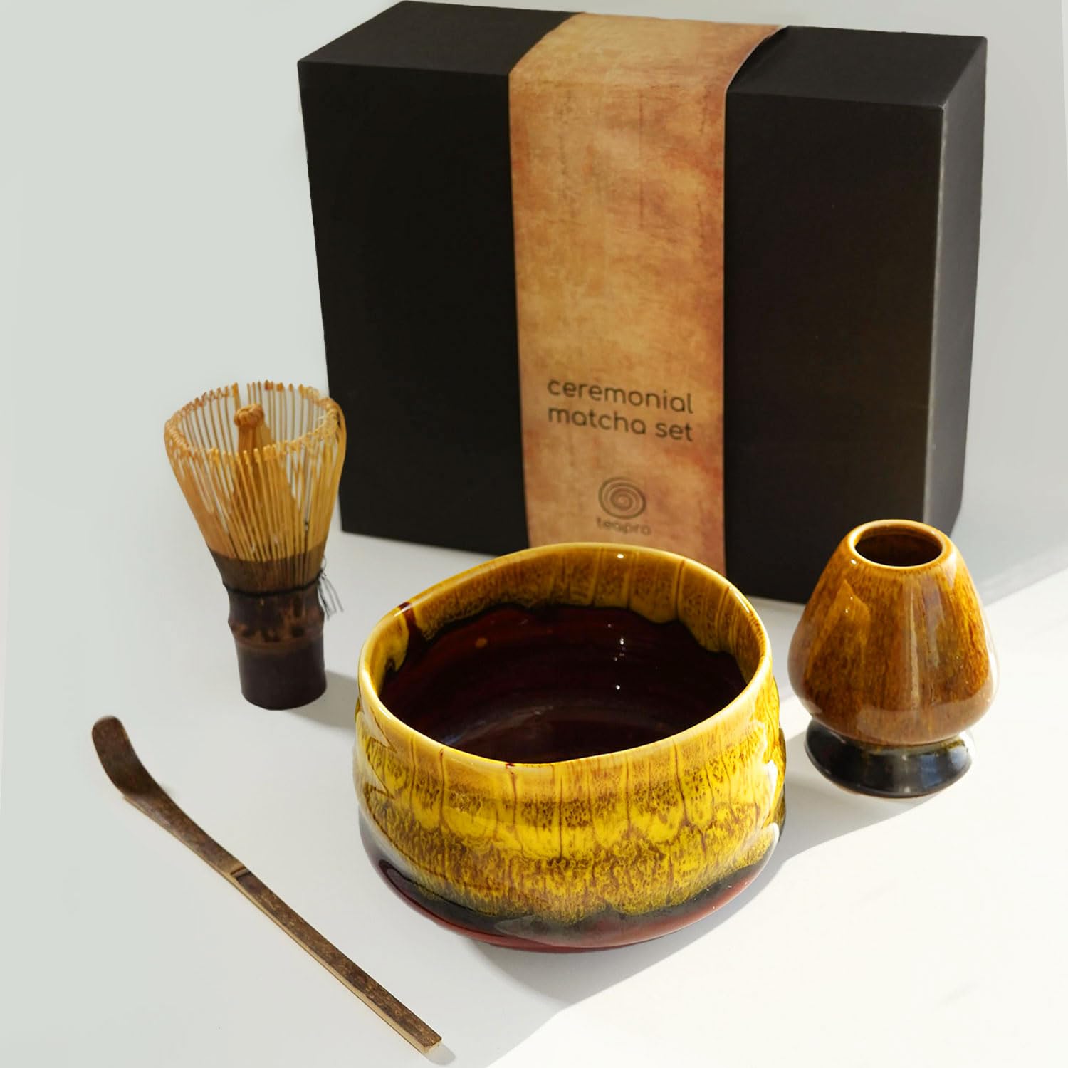 teapro Japanese Matcha Set: Purple Bamboo Matcha Whisk & Scoop, Artisan Yellow Ceramic Matcha Bowl & Whisk Holder, Matcha Starter Kit | Traditional Matcha Gift Set — image 1