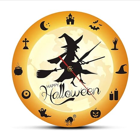 Amazon Com Mubgo Wall Clocks Halloween Witch Flying Crossed The Moon Decorative Wall Clock Vintage Flying Witch Wall Clock With Horror Halloween Silhouette Home Kitchen