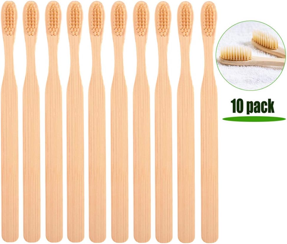 keebgyy 10pcs Beige Bamboo Toothbrush, Unpackaged Environmental Soft Bristle Toothbrush, Biodegradable Handle Travel Toothbrush For Adult