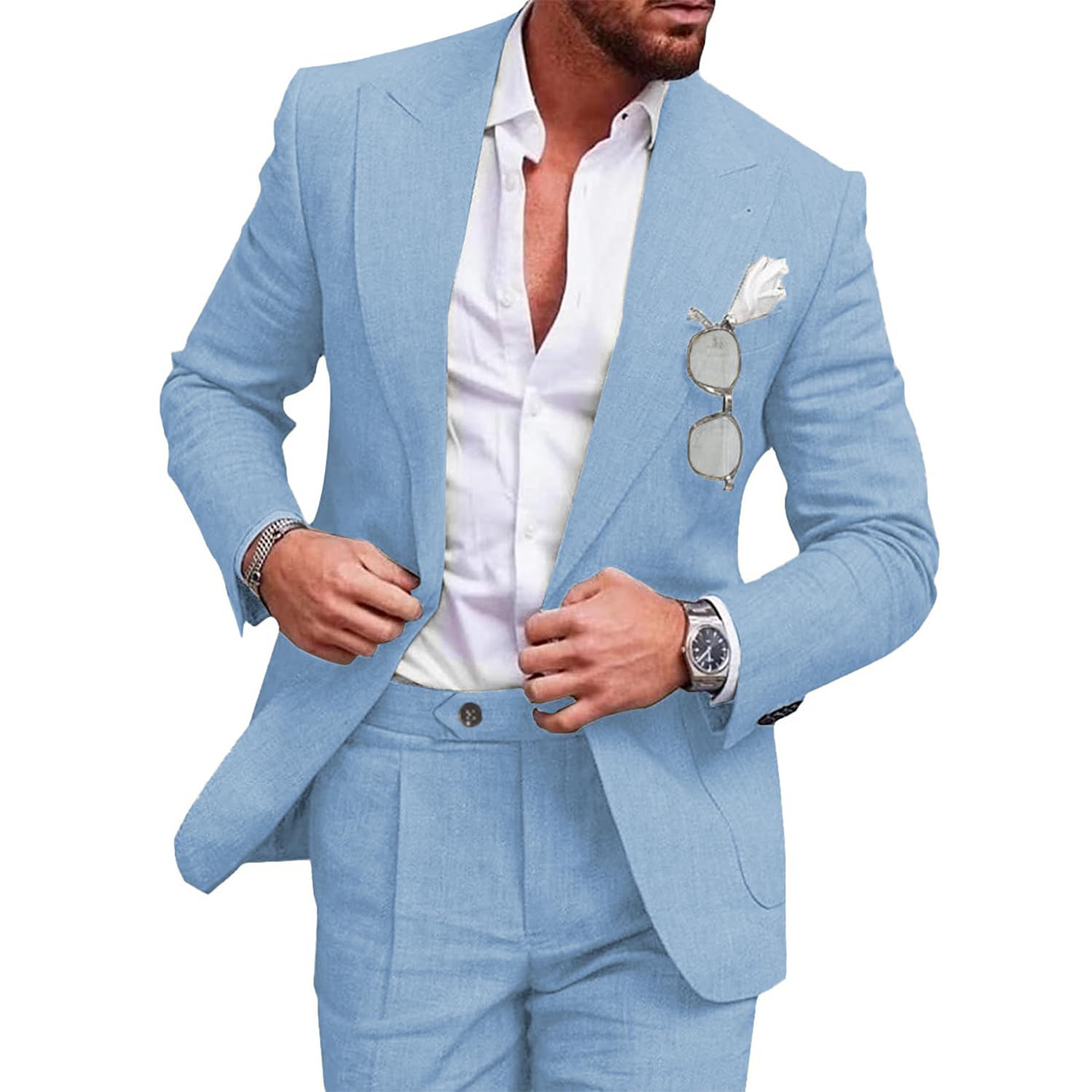 Photo 1 of UNINUKOO Linen Suit for Men Summer Wedding 2 Piece Suit Set Peak Lapel Casual Blazer Pants Beach Wear for Men US Size XL Sky Blue