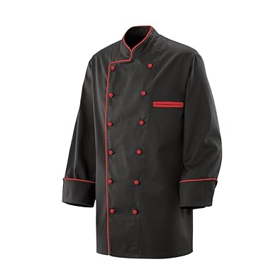 Kochjacke Bäckerjacke Jacke Langarm Schwarz mit rotem Paspel 65% Baumwolle, 35% Polyester Gr. S-3XL, Schwarz, M