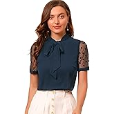 Allegra K Women's Bow Tie Neck V Neck Stand Collar Short Mesh Sleeve Blouse
