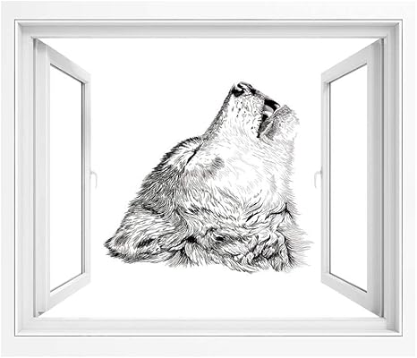 Amazon オオカミ 窓ポスター リメイクシート 90x60 Cm ハウリング犬の手描きの白黒スケッチタトゥーパターンイラスト装飾 ポスター ステッカー 壁紙風景画 壁飾り絵ブラックグレーホワイト ウォールステッカー オンライン通販