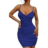 TREEOFFCISE Women's 2024 Wrap V Neck Dress Sleeveless Ruched Bodycon Sexy Dress Ladies Party Cocktail Club Fashion Dress