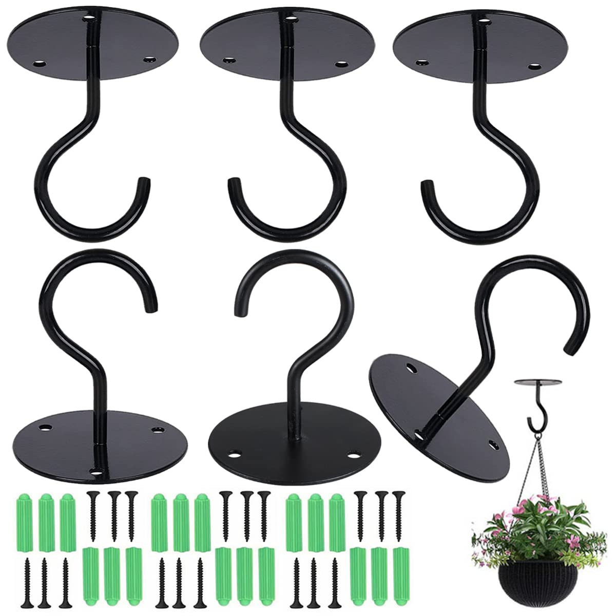 HZSOOCH 6Pcs Wall Mount Ceiling Hook, Metal Plant Bracket, Heavy Duty Hanging Hooks with Screws for Hanging Planters,Bird Feeders, Lanterns, Wind Chimes, Outdoor Decoration, Black
