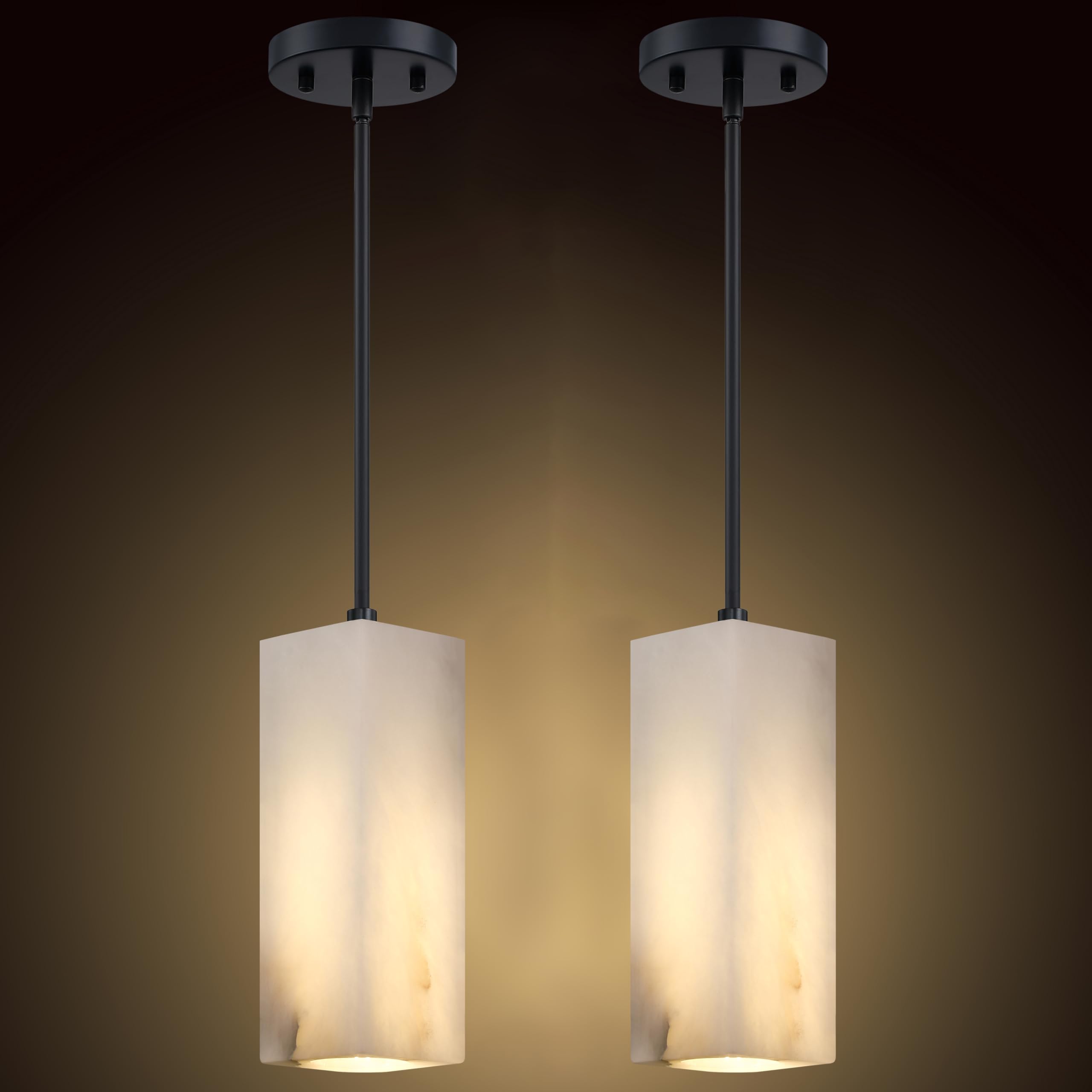 Photo 1 of RAINLIGHTING 1 Light Modern Industrial Farmhouse Hanging Kitchen Island Pendant Ceiling Light Fixture,Square Natural Alabaster Marble Black Finish Over Sink Restaurant bar Corridor