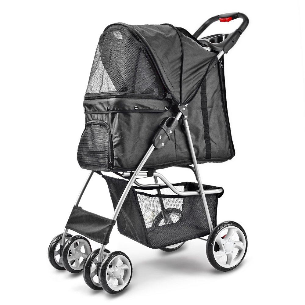 Flexzion Pet Stroller Dog Cat Small Animals Carrier Cage 4 Wheels Folding Flexible Easy Walk for Jogger Jogging Travel Up to 30 Pounds With Rain Cover Cup Holder and Mesh Window