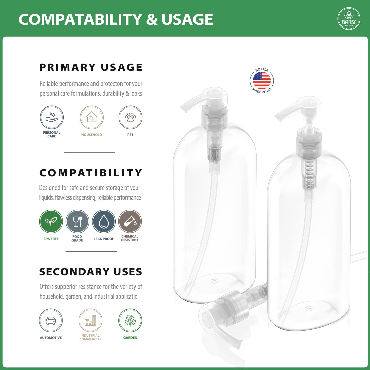 Bar5F Empty Shampoo Bottles with Pumps Dispenser 32 oz (1 Liter) Leak-Proof Large Empty Refillable BPA-Free 2-Pack