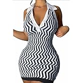 Ryehack Women’s Summer Halter Dress Backless Sundress Striped V Neck Bodycon Mini Beach Dress Y2k Sexy Casual Tank Dress