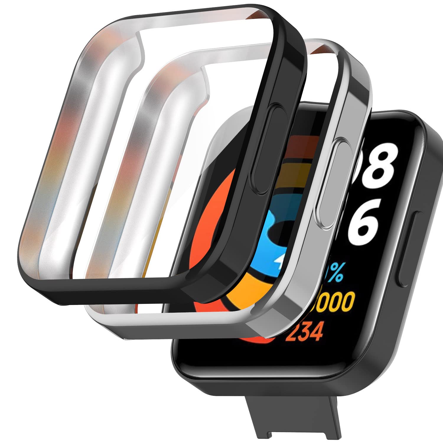 2 pieces: Akancy case compatible with Xiaomi redmi Watch lite 2, protective case protective film scratch-resistant screen protector silicone full body cover case TPU full protection - black silver