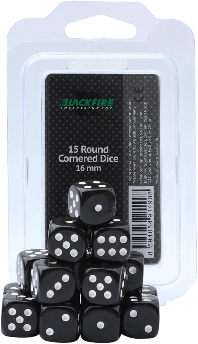 ADC Blackfire Entertainment 91490 16 mm Black D6 Dice Set (15-Piece)