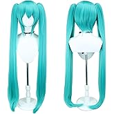 YONGCANWIG Cute Halloween Green Cosplay Wig, 2 Hair Caps+ Wig, Long Greenish False Hair with 2 Ponytails for Women, Long Straight Wigs with Bangs for Event for Women and Teen Girls