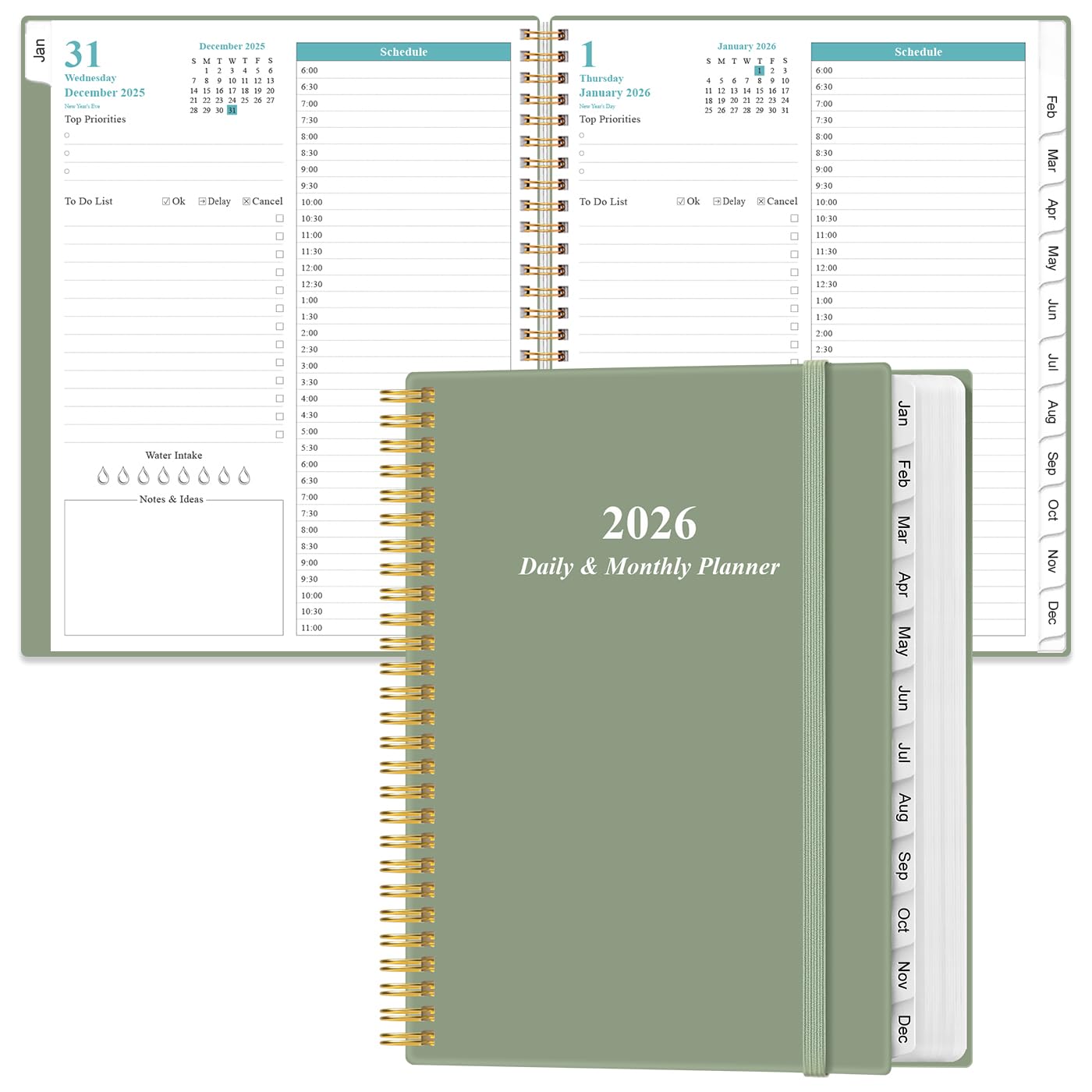 Photo 1 of 2026 Daily & Monthly Planner - One Page Per Day, Daily Planner from January 2026 - December 2026, Planner 2026 with 12 Monthly Tabs, 8.5" x 11", Green