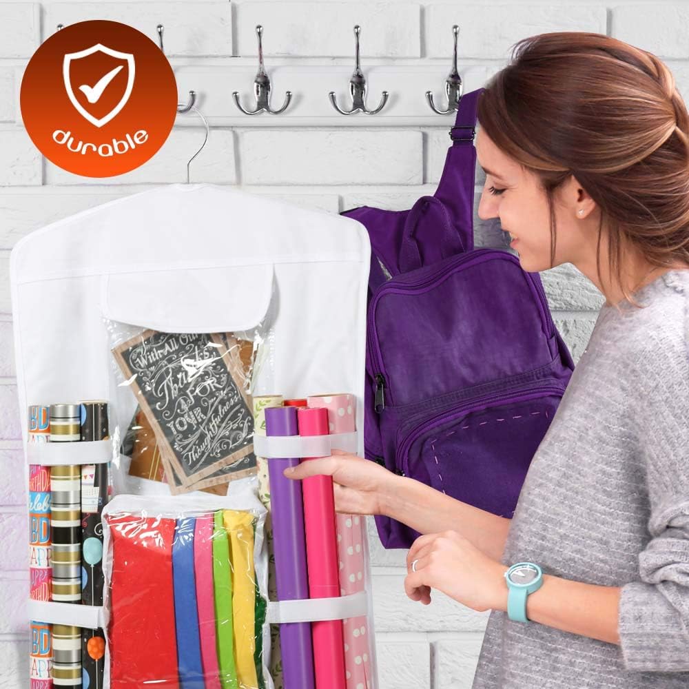 Clorso Hanging Gift Wrap Organizer: 40 Inch, Double Sided Wrapping Paper Storage Organizer - Extra Large and Easy To Use Clear Storage Bag with Hanging Hook, Labels, and Zippered Pockets - 8 Pockets: Home & Kitchen