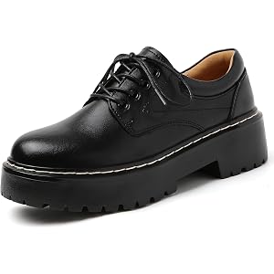 Womens Oxford Shoes Leather Platform Oxford Shoes Chunky Heel Oxfords Shoe | Round Toe Non Slip Oxford Casual Work Office Sch