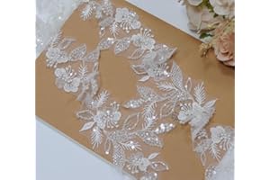 G-RUI 2yard Sequins Beaded Flower Embroidery lace Appliques for Wedding Dresses Rhinestone Applique Patches lace Trims parches ropa (Off White) (P3403A)