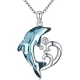 TwoAnts Sterling Silver Dolphin Pendant Necklace with Blue Crystal Dolphin Beach Themed Ocean Wave Jewelry for Women or Daughter's Birthday