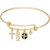 TOVABA Faith Cross Bangle Bracelet for Women 18K Gold Adjustable Bangle Religious Inspirational Jewelry Gift for Her