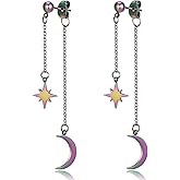 Fiklon Moon Star Dangle Earrings for Women Dangly Chain Earring - Hypoallergenic Stainless Steel Unique Celestial Dangling Jewelry Silver Gold Black & Rainbow Boho Accessories