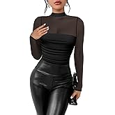 Kentysill Women's Sexy Bodysuit for Outfits: Mock Turtle Neck Long Sleeve Body Suit - Mesh Sheer Ruched Going Out Bodysuits