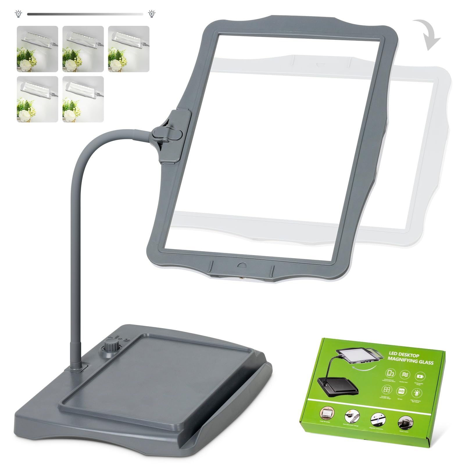Photo 1 of 10X Rechargeable Full Page Magnifier for Reading, NUEYiO 10.6 * 7.8" Large Handheld Magnifying Glass with Light and Stand, 50 LED Lights & 3-in-1 Gooseneck Magnifying Lamp for Seniors Close Work Book