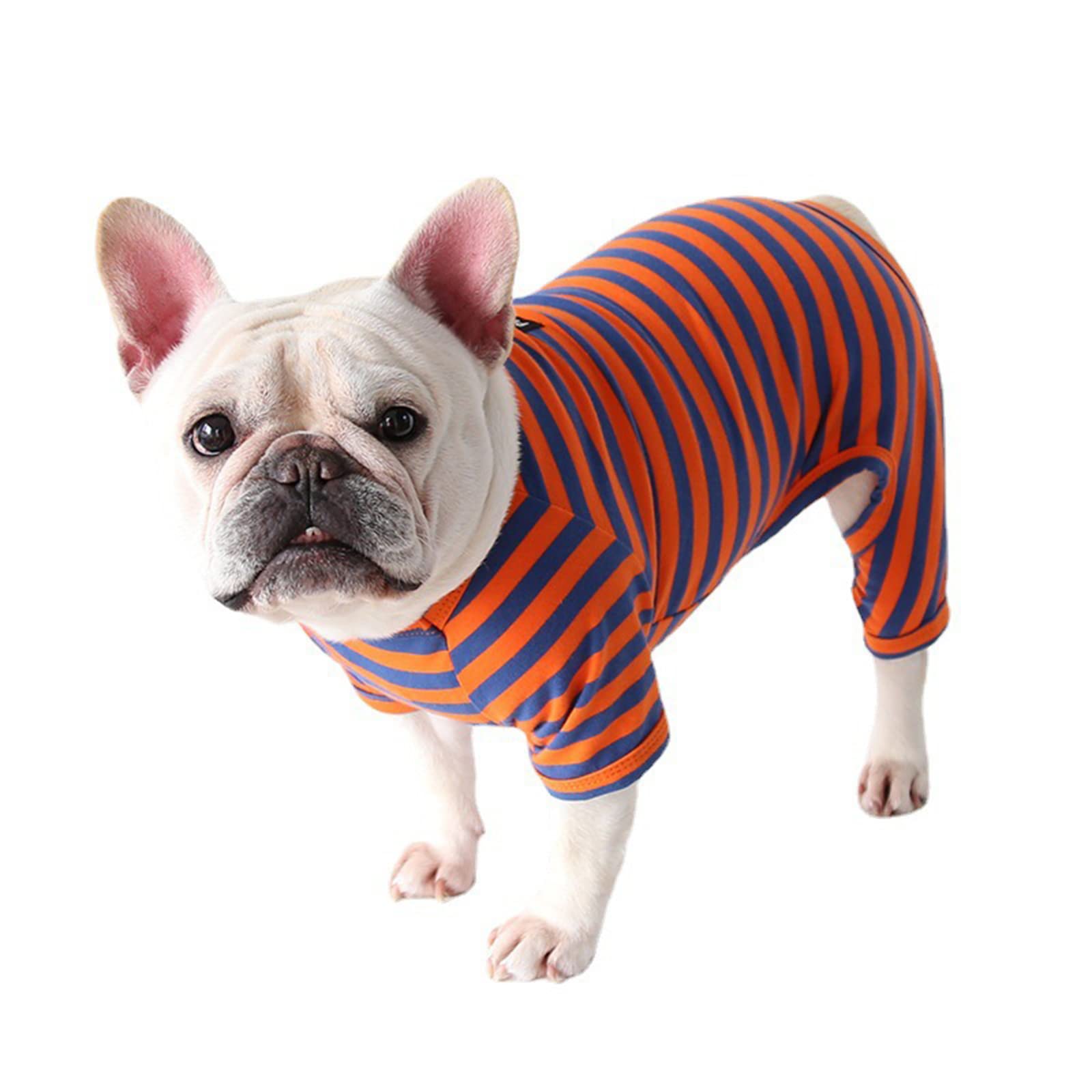 Dog Clothes, Classic Stripe French Bulldog Pajamas Soft Cotton Dog Four-Legged Jumpsuit Anti-Hair Pet Onesies for Small Medium Dogs (S:Blue Orange)