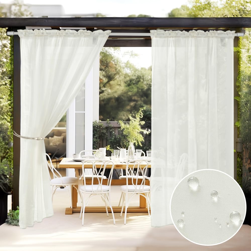 Photo 1 of *1 PIECE** MIULEE Outdoor Sheer Curtain for Patio Waterproof - Ivory Privacy Drape Voile Curtain Rod Pocket for Porch,Pergola, Cabana, Gazebo, 54 X 96 Inch Long
