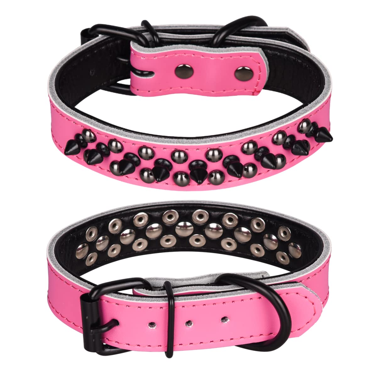 haoyueer Spiked Studded Dog Collar, Genuine Leather Dog Collar, Adjustable Pet Collars for Medium Large Bulldog Pitbull Mastiff Poodle Boxer (S, Hot Pink-1)