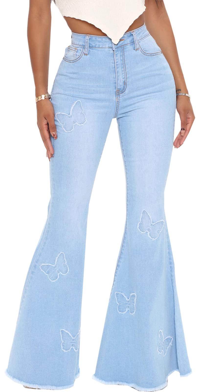 Photo 1 of Women's Blue Bell Bottom Jeans Plus Size Butterfly Stretchy Classic Denim Pants Skinny High Waisted Flare Jean