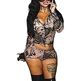 Mandonce Mesh 2 Piece Sets for Women Printed Zip up Mesh Shirt and Shorts Bodycon 2026 Summer Sexy Club Outfit Going Out
