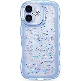 ZTOFERA for iPhone 16 Case 6.1",Cute Curly Wave Case with Star Glitter,Clear Shiny Bling Soft TPU Shockproof Phone Protecive Cover for Women Girls-Blue
