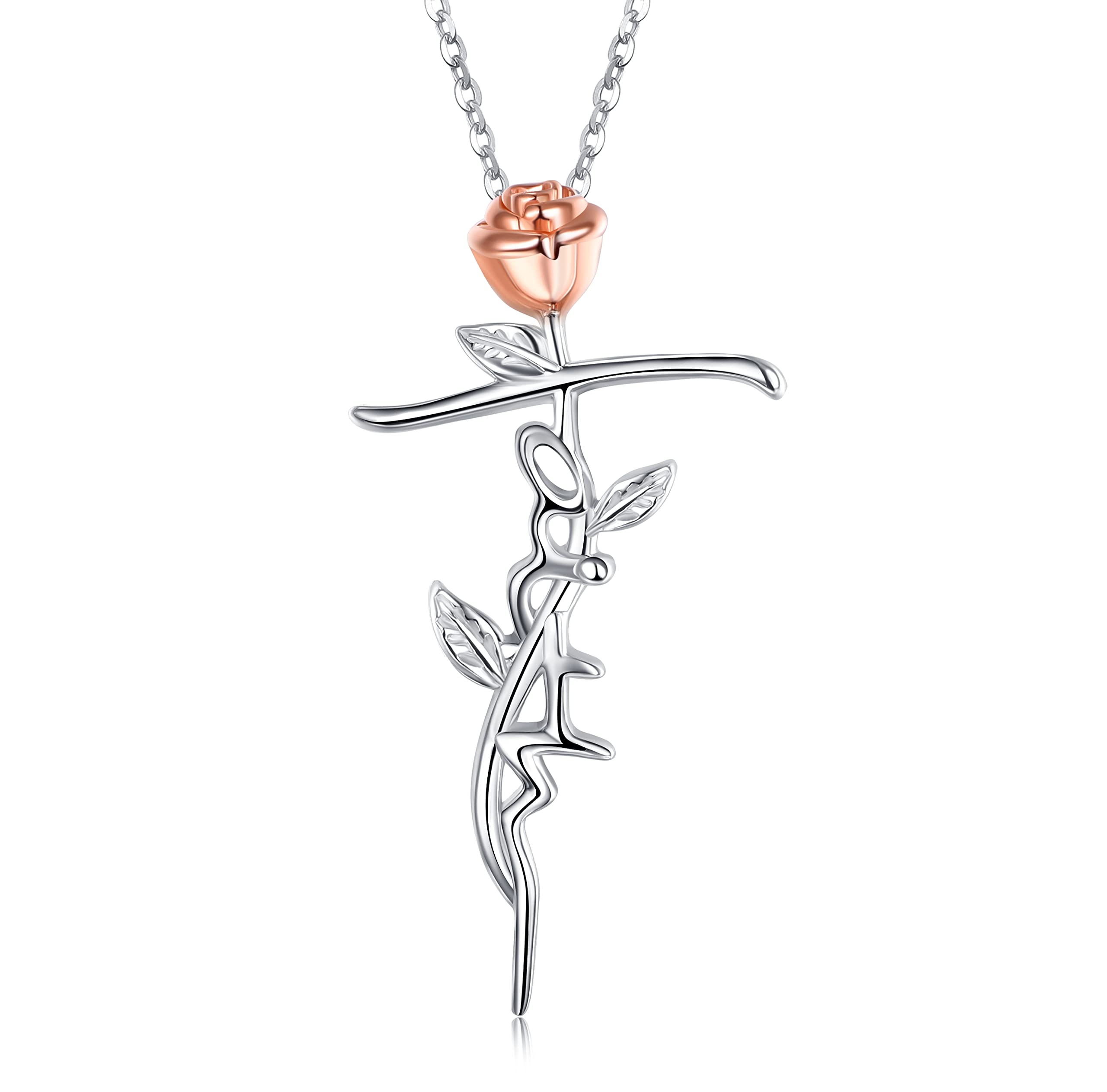 TANGPOET Cross Necklace 925 Sterling Silver Faith Necklace Rose Flower Pendent Valentines Day Jewellery Gifts for Women Ladies Girls