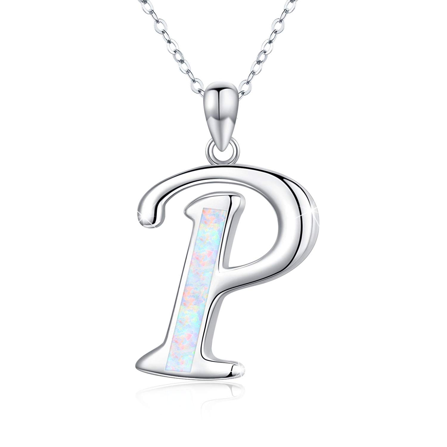 Cuoka Initial Necklace, 925 Sterling Silver Monogram Letter Pendant with Created Opal, A-Z Alphabet Necklace Jewelry Gifts — image 1
