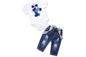 Bellcoco Toddler Baby Boy 1st Birthday Clothes Short Sleeve Outfit Bowtie Summer Clothing Romper Suspenders Denim Pants