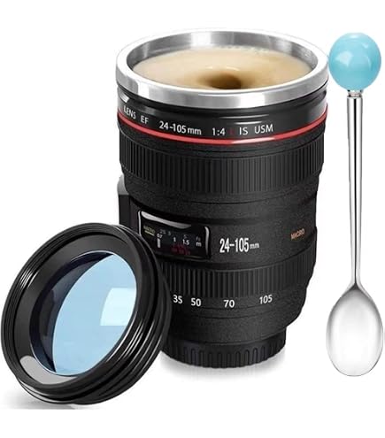Amazon.com: Coffee Mug - Camera Lens Mug 1:1 Replica, 14oz Stainless Steel  Insulated Cup with 2 Lids & Filter Straw Spoon - 8pcs Gift Set, Cool Office  Desk Decor, Unique Birthday Gifts