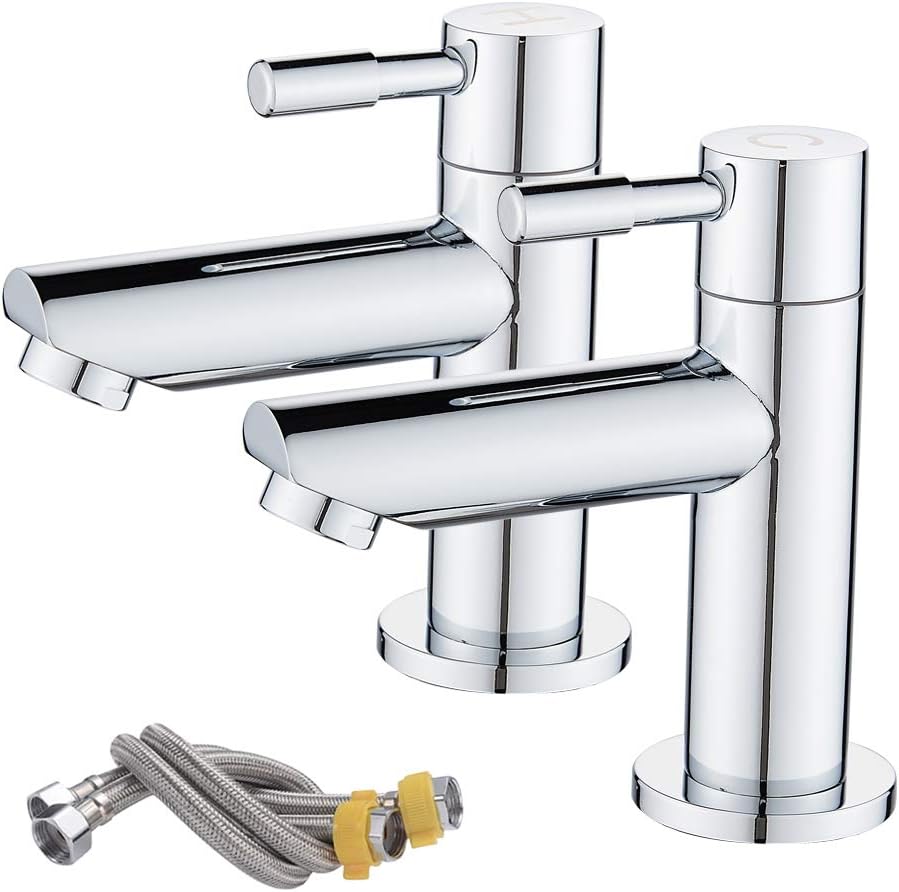 Maynosi Bathroom Basin Pillar Taps, Pair Basin Sink Mixer Taps, 1/4 Turn Washroom Pair Faucets Twin Lever, 2 Pcs Modern Taps