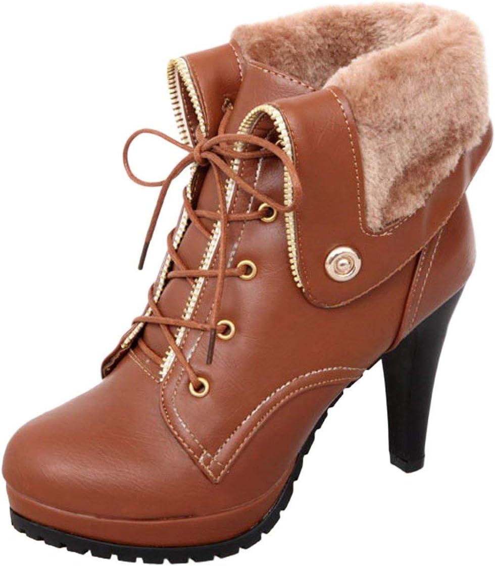 High Heel Ankle Boots for Women Winter Shoes Lace Up Plush Platform Booties (US 5.5=EU35, Brown)