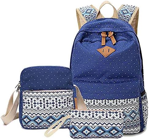 Aliceherry Canvas Printing Cute Dot Backpack School Bags for Teenage Girls Laptop Shoulder Bag 3 Pcs/set (Blue)
