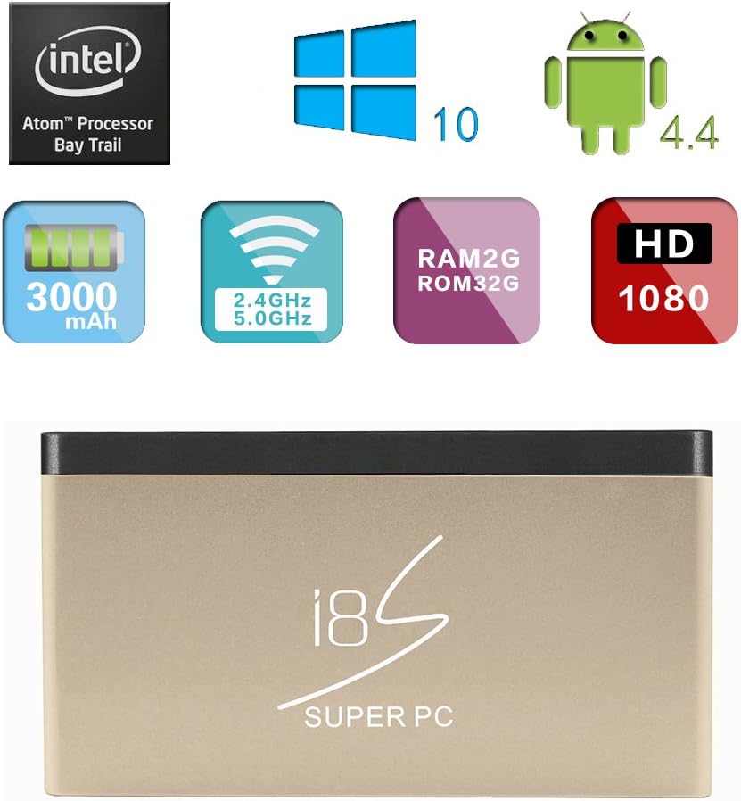 i8S Pocket Mini Super PC Computer Tv Box Wintel Windows10 Android4.4 2GB/32GB HDMI Intel 3735F US Plug -Gold