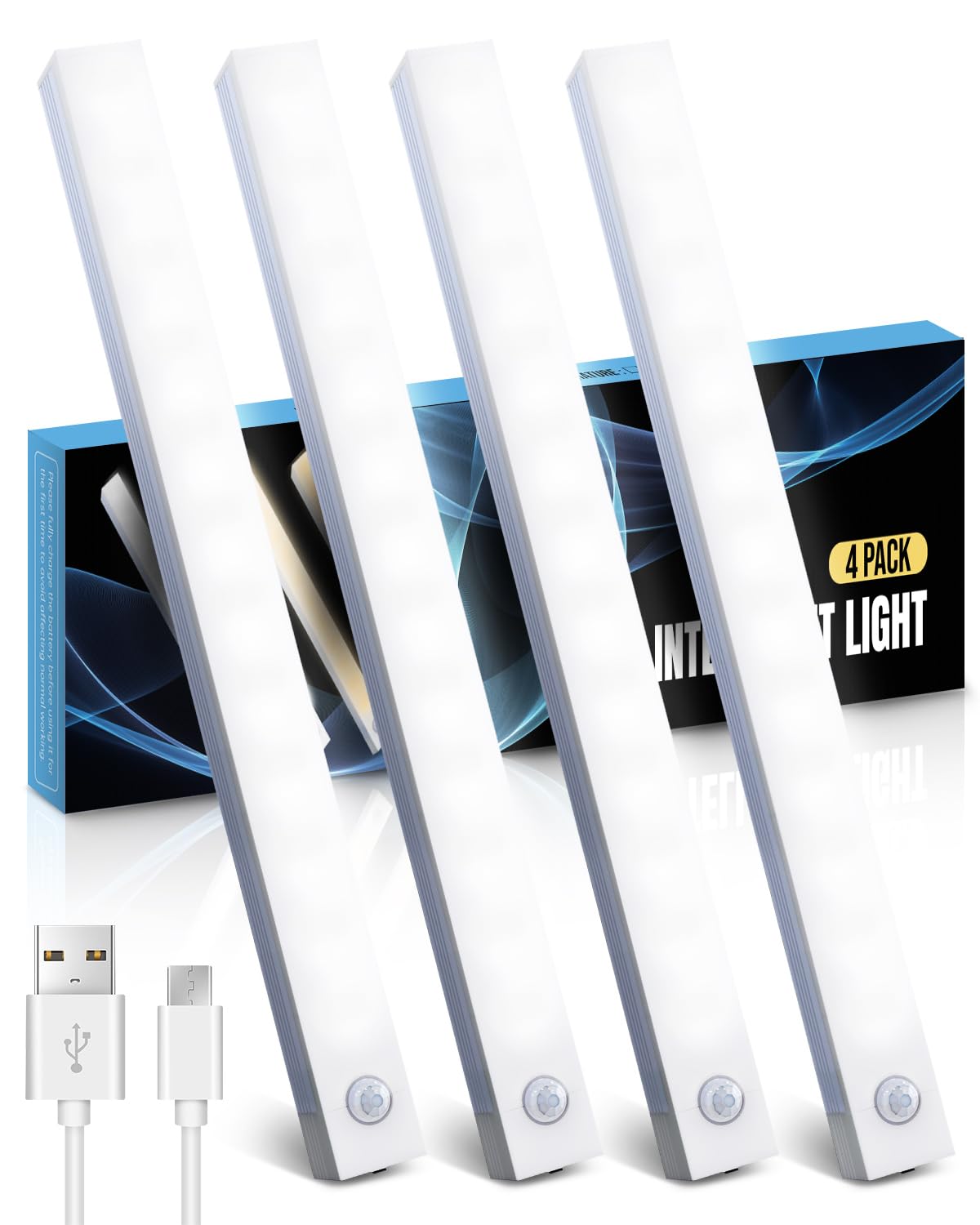 KALAHOL Under Cabinet Kitchen Lights 4 Pack, 4 Modes, USB Motion Sensor Cupboard Light, USB Type-C, Stepless Dimming, with Magnetic Sticker, for Kitchen Wardrobe Bedroom Stairs (Cold White)